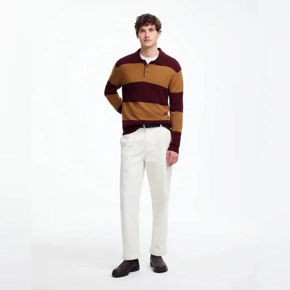NWT Madewell Rugby-Stripe Sweater Polo Wool & Cashmere - Tan & burgundy Medium - Picture 2 of 9